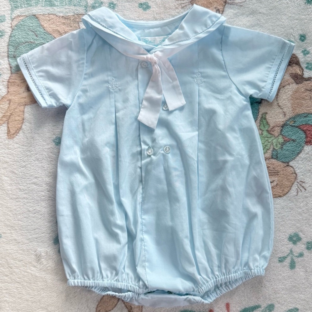Vintage Baby Boy Sailor One-piece Blue Embroidered nautical 3-6M Petit Ami